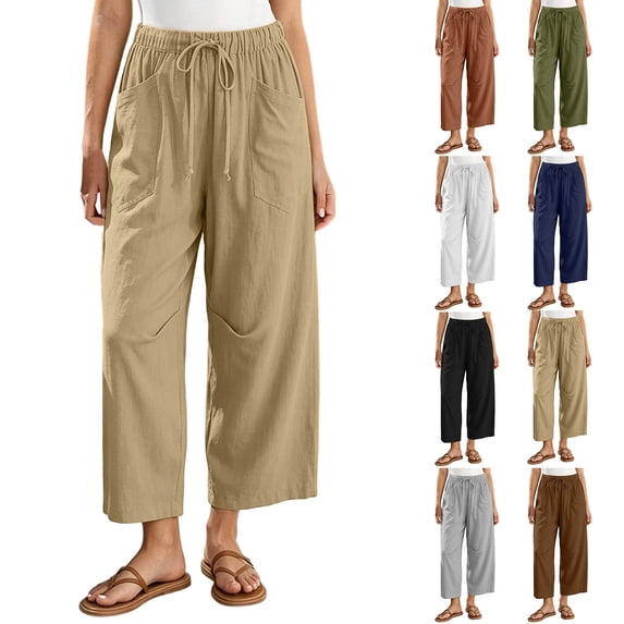 Pants for Women with Pockets 100% Cotton Decorative Button Drawstring Cropped Pants