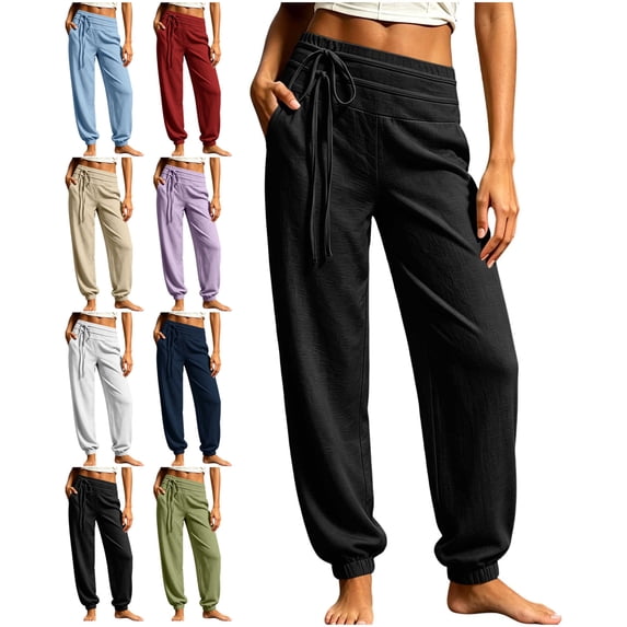 Pants for Women with Pockets 100% Cotton Decorative Elastic Waist Jogger Pants