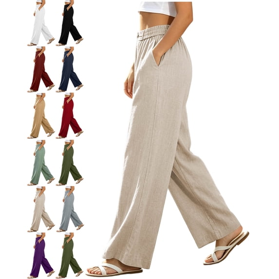 Pants for Women with Pockets 100% Cotton Elastic Waist Loose Casual Pants