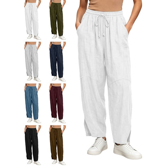Pants for Women with Pockets 100% Cotton High Waisted Drawstring Slit Pants