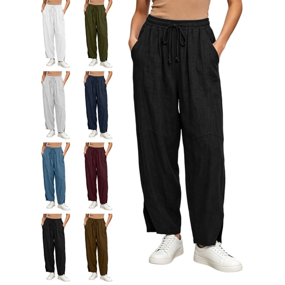 Pants for Women with Pockets 100% Cotton High Waisted Drawstring Slit Pants