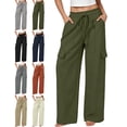 thumbnail image 1 of Pants for Women with Pockets 100% Cotton Loose Drawstring Work Wide Leg Cargo Pants, 1 of 7