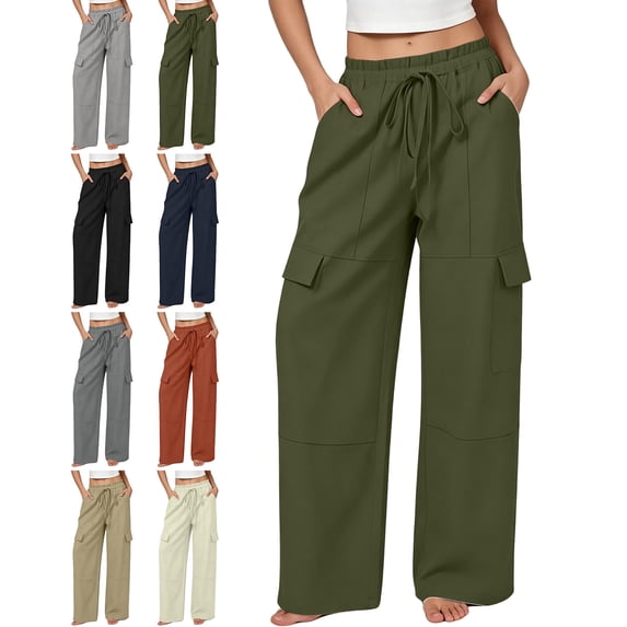 Pants for Women with Pockets 100% Cotton Loose Drawstring Work Wide Leg Cargo Pants
