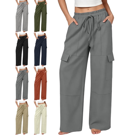 Pants for Women with Pockets 100% Cotton Loose Drawstring Work Wide Leg Cargo Pants