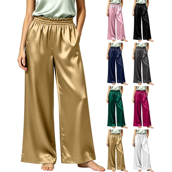 Women's Silky Sleep Pants High Waist Wide Leg Satin Lounge Bottoms with Ruffle Hem & Pockets