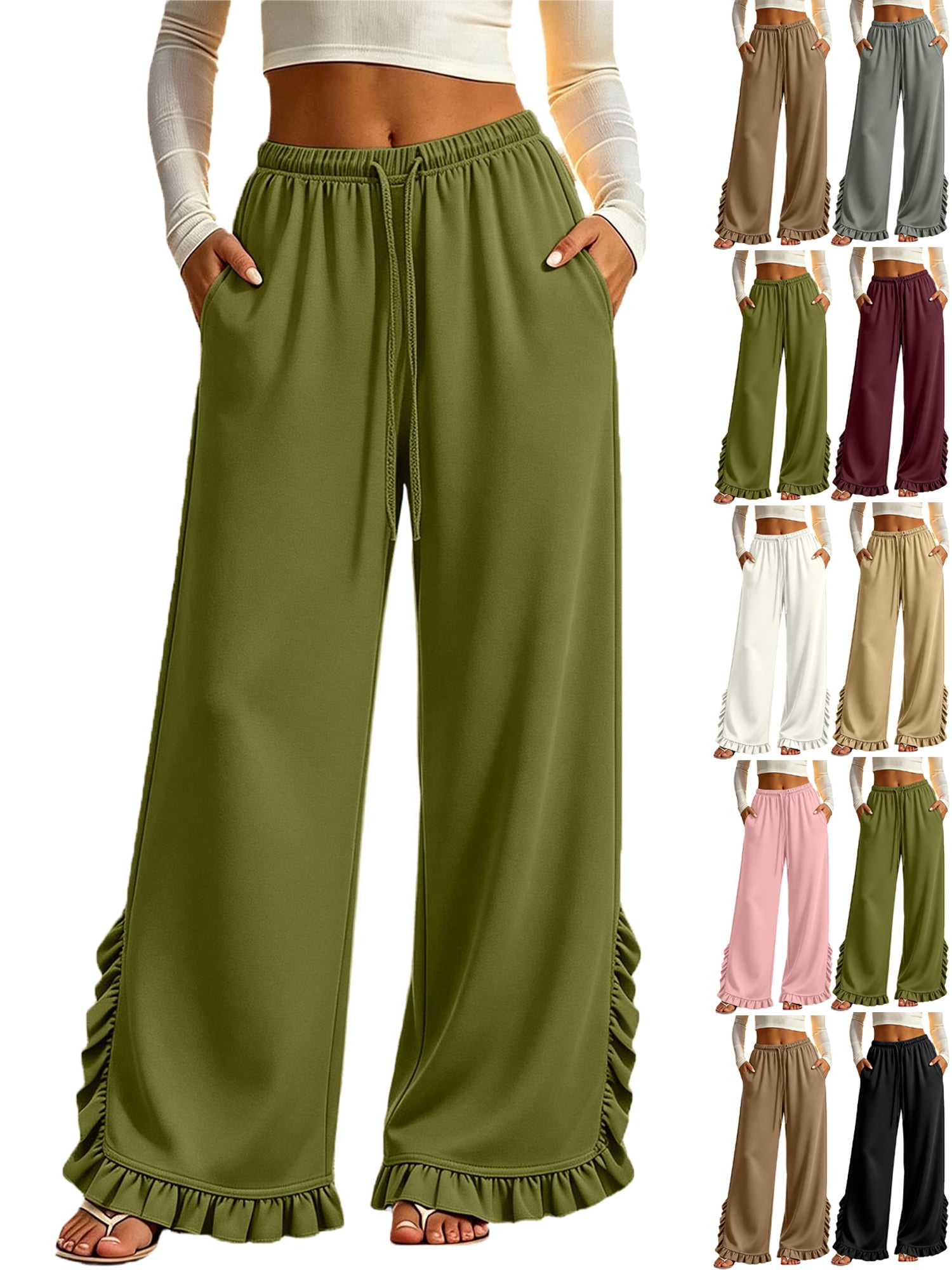 Pants for Women with Pockets Solid Color Ruffle Trim Casual High Rise ...
