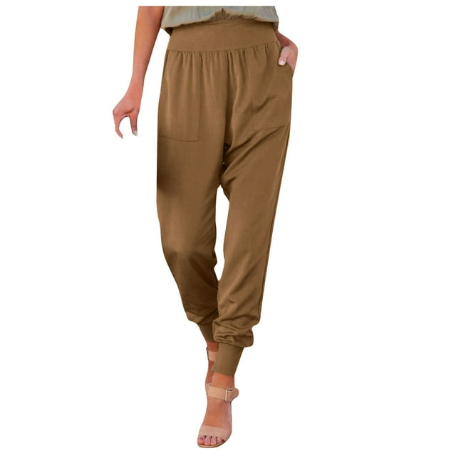 Pants for Womens Ankle Length High-waisted Elastic Waist Trousers Satin Joggers with Pockets Summer Comfy Casual Sweat Pants