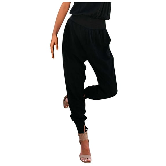 Pants for Womens Ankle Length High-waisted Elastic Waist Trousers Satin Joggers with Pockets Summer Comfy Casual Sweat Pants