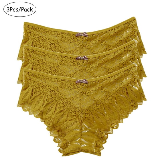 Panty Sets Pack of 3, Ladies 3Pcs Floral Lace Briefs Panties Plus Size Underwear Breathable Comfortable Bottoms (3X-Large, Yellow)