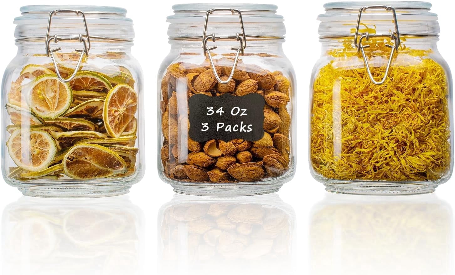 Panzexin 34oz Square Glass Food Storage Jars with Airtight Clamp Lids, 3 Pack Kitchen Canisters for Flour, Cereal, Coffee, Pasta and Canning,  Mason Jar (Clear 34oz Square - 3 sets)