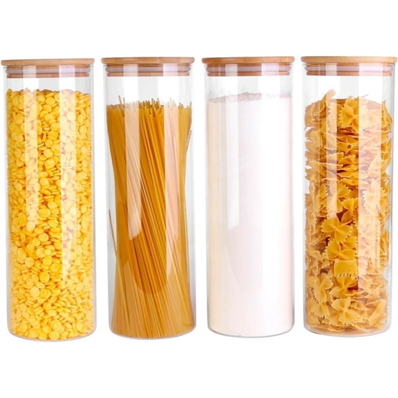 Panzexin Glass Food Jars with Lids,77oz Glass Storage Containers with Airtight Bamboo Lids,Round Glass Canister Set of 4, Pantry Organizers and Storage for Cookie Flour Oat Pasta Tea Coffee Bean