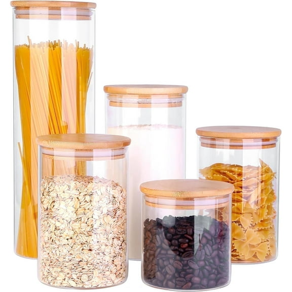 Panzexin Glass Food Storage Jars, Food Containers with Airtight Bamboo Lids for Pasta, Cookies, Nuts, Coffee Beans, Cereal, Glass Canisters for Kitchen, Pantry Organization,Set of 5