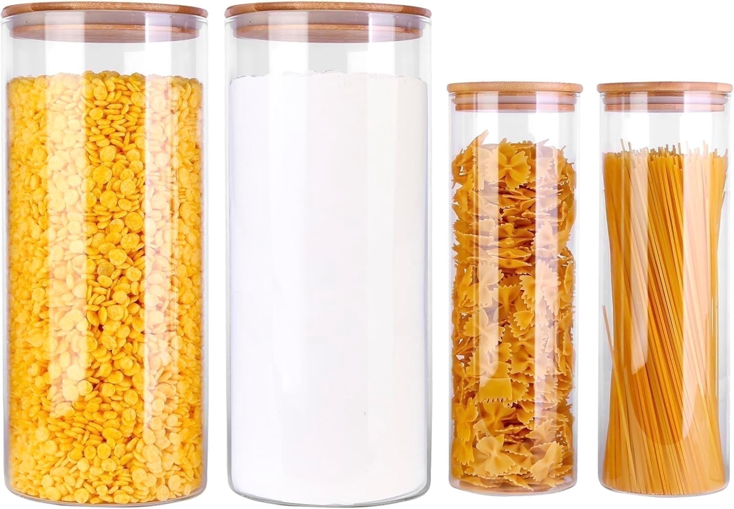 Panzexin Glass Food Storage Jars, Food Containers with Airtight Bamboo Lids for Pasta, Cookies, Nuts, Coffee Beans, Cereal, Glass Canisters for Kitchen, Pantry Organization,Set of 4
