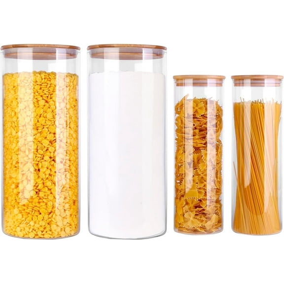 Panzexin Glass Food Storage Jars, Food Containers with Airtight Bamboo Lids for Pasta, Cookies, Nuts, Coffee Beans, Cereal, Glass Canisters for Kitchen, Pantry Organization,Set of 4