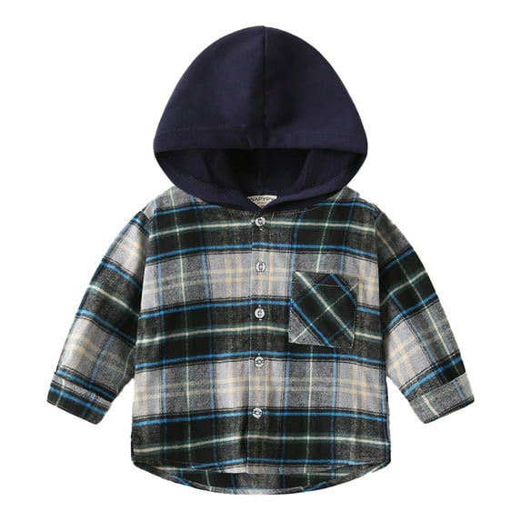 Paokuoon Toddler Boys Hoodie Shirt Cotton Plaid for Kids 2-8 Years Hooded Long Sleeve Button Blouse for Spring Fall