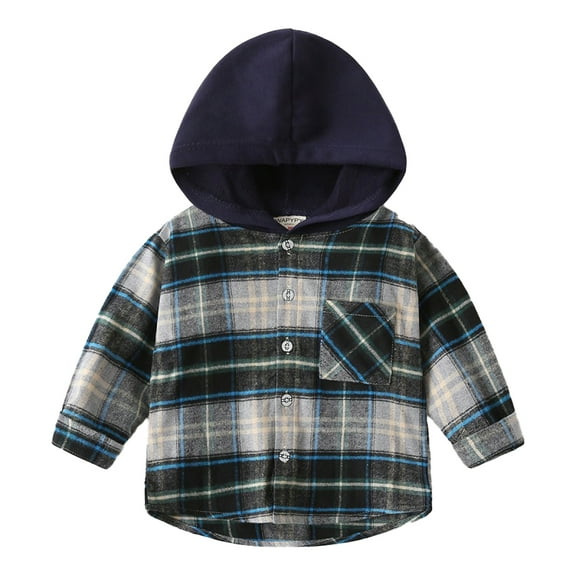 Paokuoon Toddler Boys Hoodie Shirt Cotton Plaid for Kids 2-8 Years Hooded Long Sleeve Button Blouse for Spring Fall