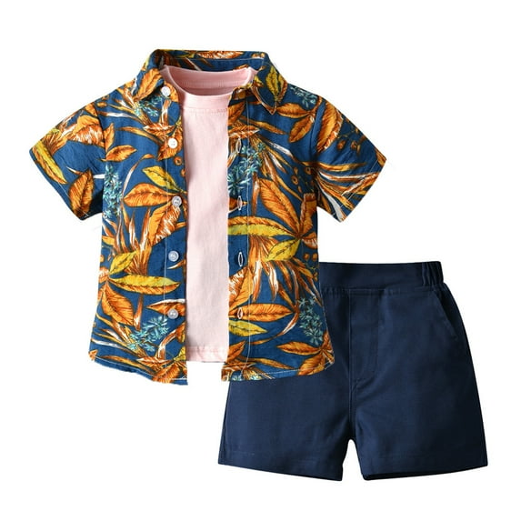 Paokuoon Toddler Infant Boys Outfit Set Hawaiian Shorts Set with Button Flower Shirt and Solid Color T-Shirt Summer Clothes for 9M-5T