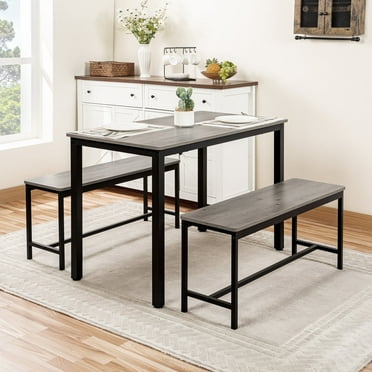 Paola 3-Piece Dining Table Set with 2 Benches – Space-Saving Table Set for 4 for Kitchen or Dining Room-Color:Gray