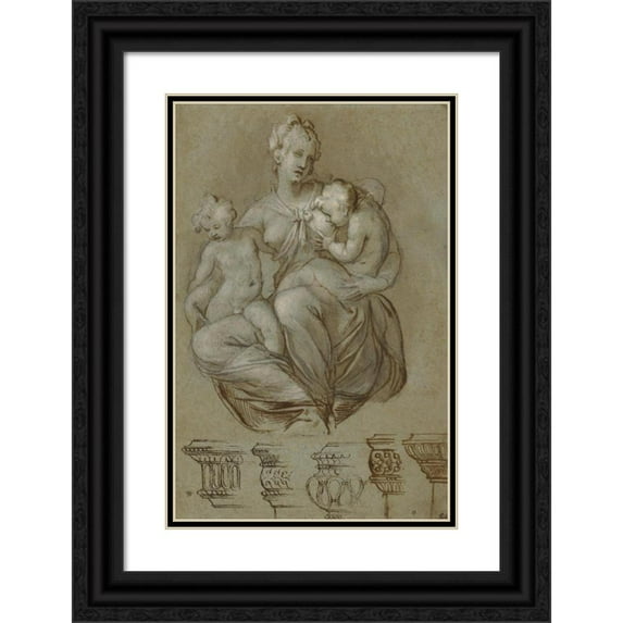 Paolo Farinati 11x14 Black Ornate Wood Framed Double Matted Museum Art Print Titled: Charity and Studies of Entablatures (1580)