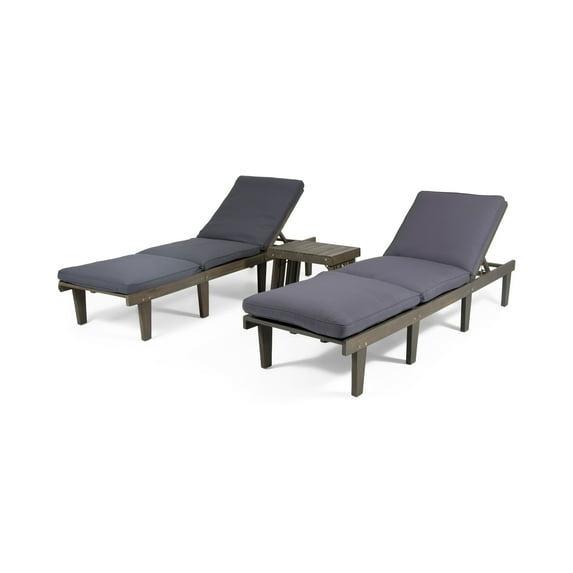 Paolo Outdoor Acacia Wood 3 Piece Chaise Lounge Set with Water-Resistant Cushions, Gray