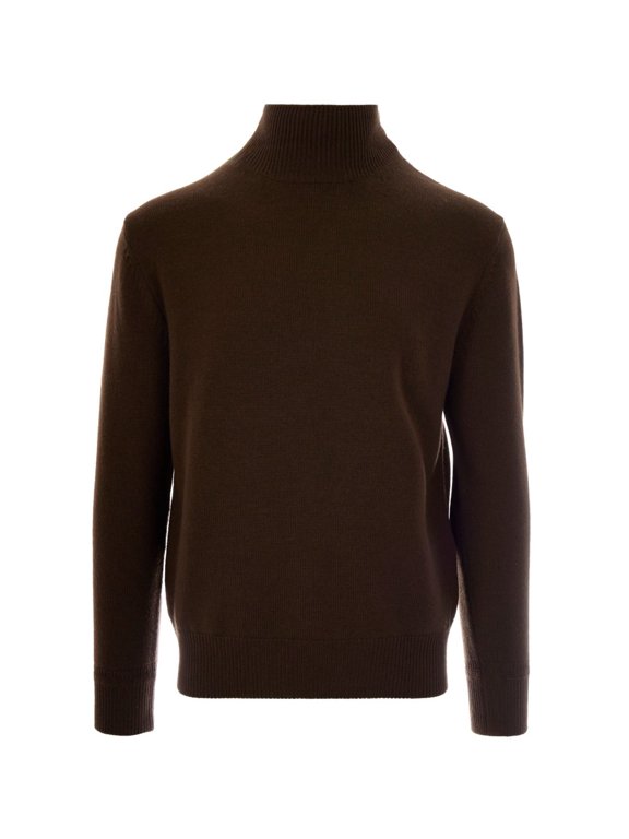 High Neck Brown Virgin Wool Knit Sweater (Men's)
