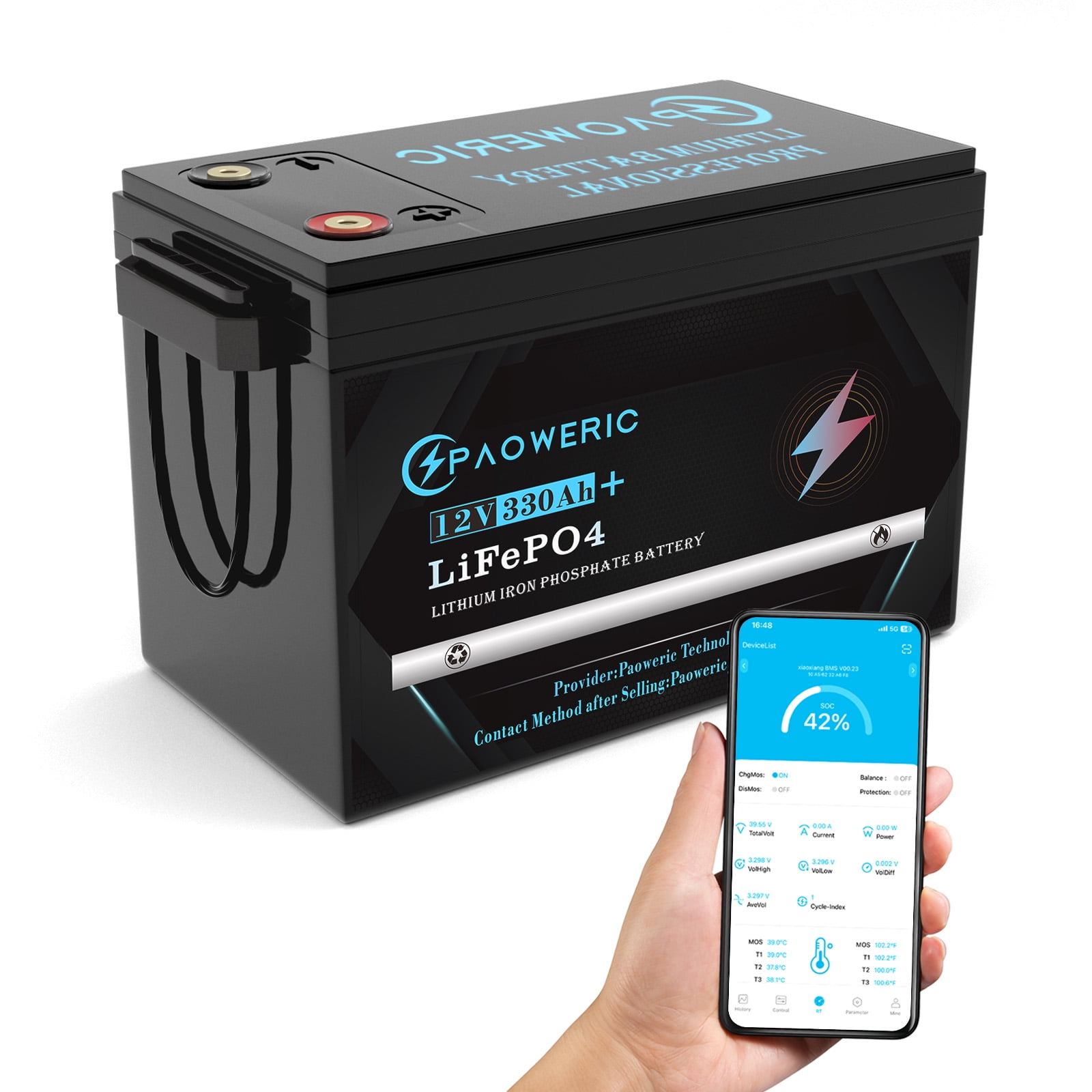 Paoweric 12V 300Ah LiFePO4 Lithium Battery with 200A BMS for Solar RV Home Energy Storage