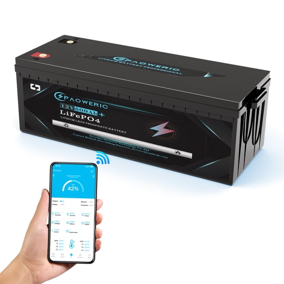 Paoweric 12V 600Ah LiFePO4 Lithium Battery with 300A BMS, Compact Lithium Iron Phosphate Battery for Solar, RV, Home Energy Storage