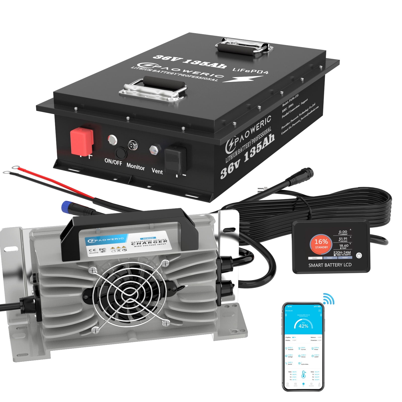 Paoweric 36V 135Ah LiFePO4 Lithium Golf Cart Battery with Charger, Perfect for Golf Cart, Trolling Motor