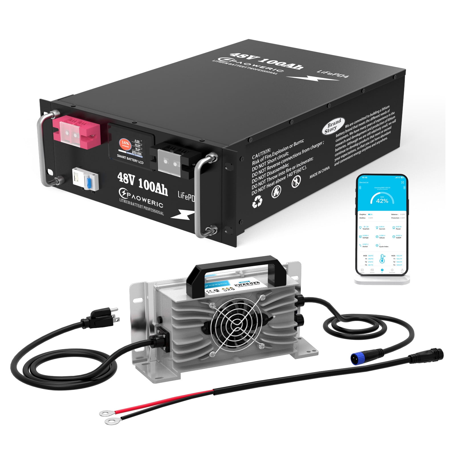 Paoweric 48V 100Ah LiFePO4 Lithium Golf Cart Battery with Charger ...