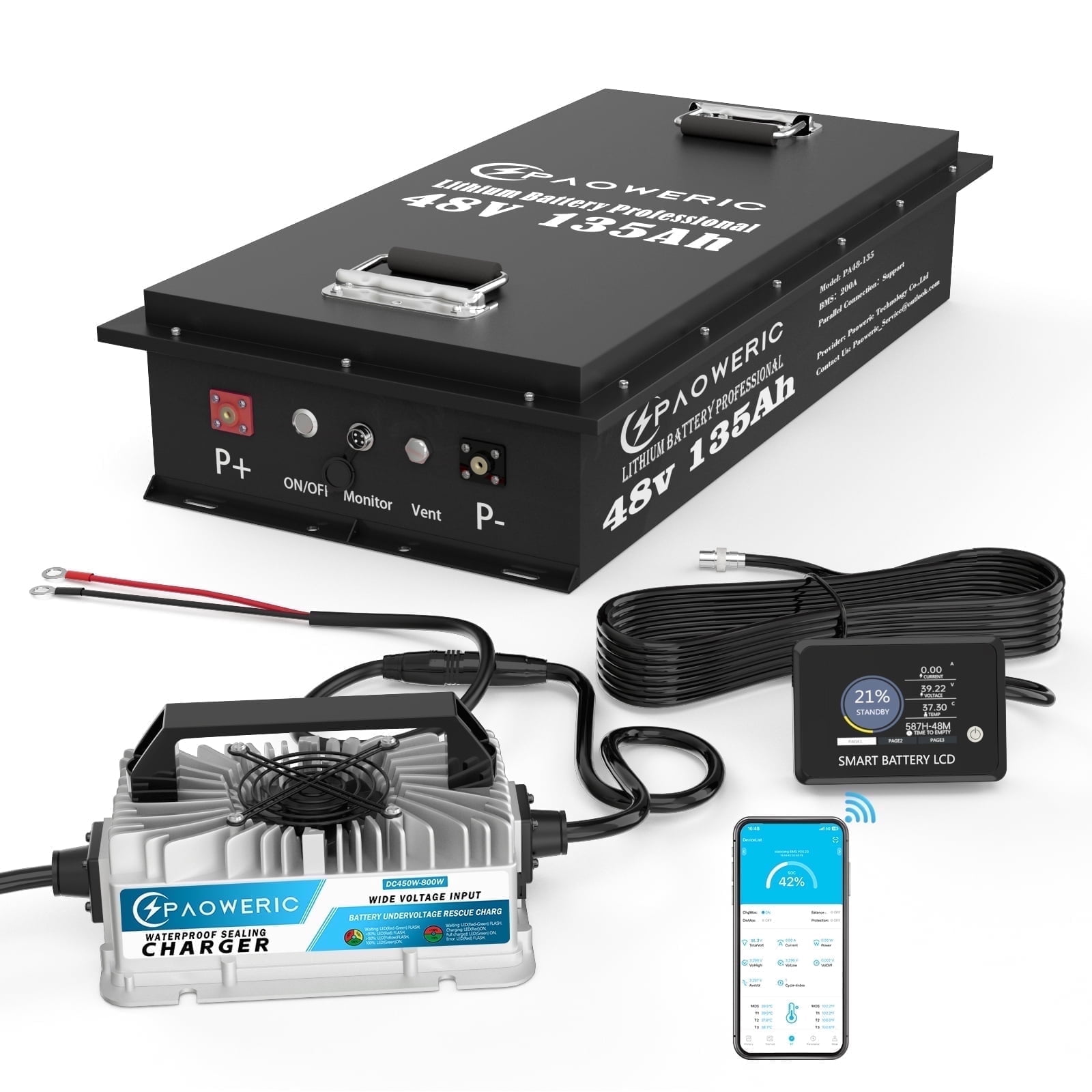Paoweric 48V 135Ah LiFePO4 Lithium Golf Cart Battery with Charger, Perfect for Golf Cart, Trolling Motor