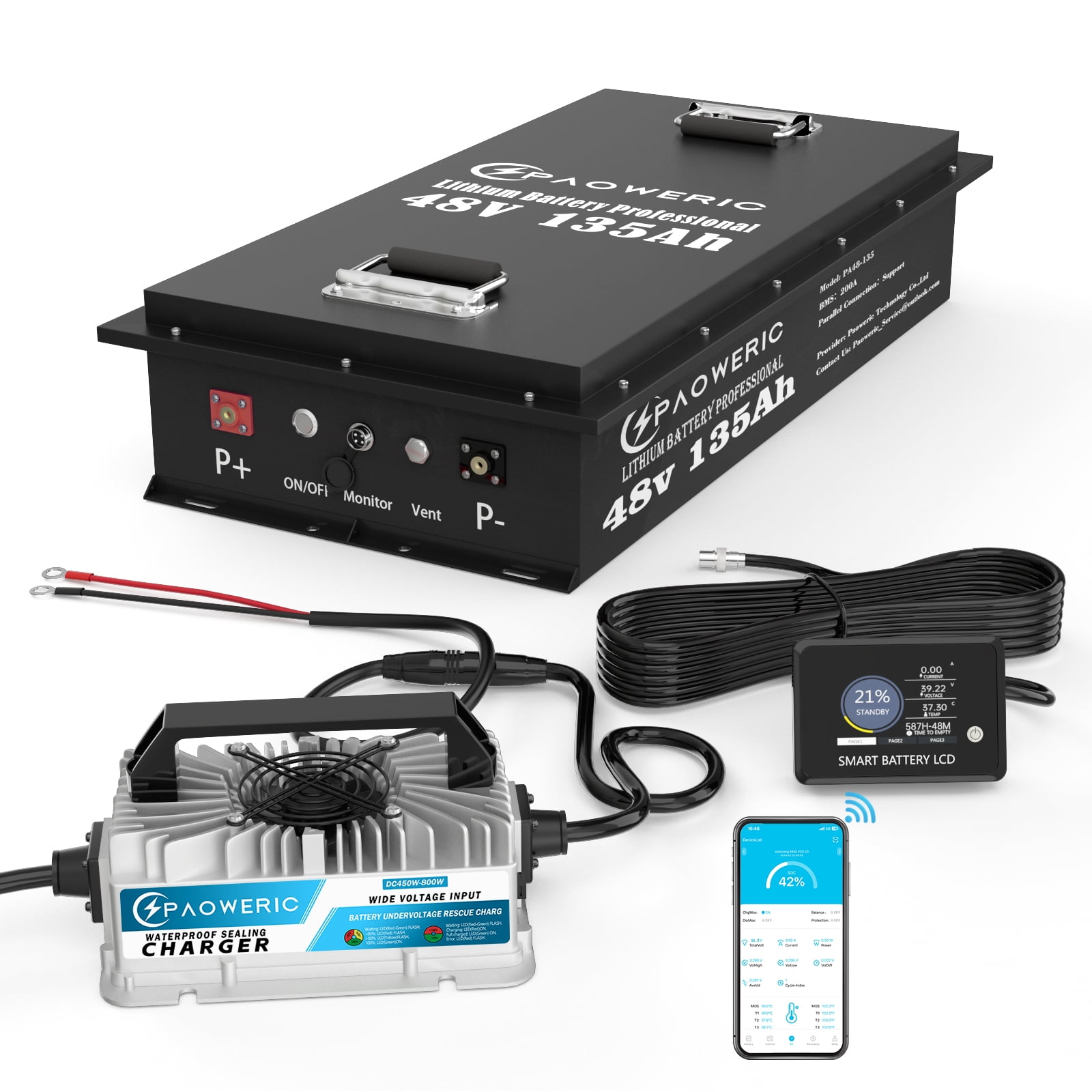 Paoweric 48V 135Ah LiFePO4 Lithium Golf Cart Battery with Charger ...