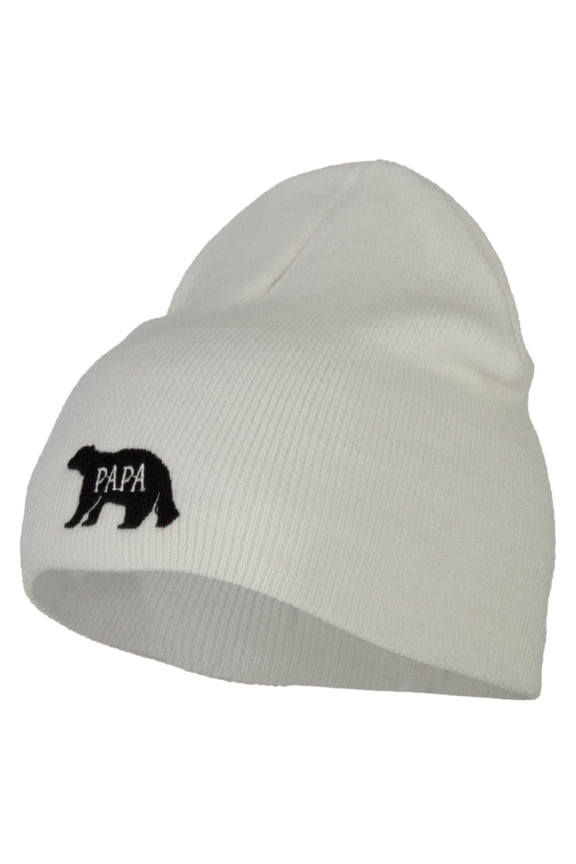 Papa Bear Embroidered Knitted Short Beanie - White OSFM