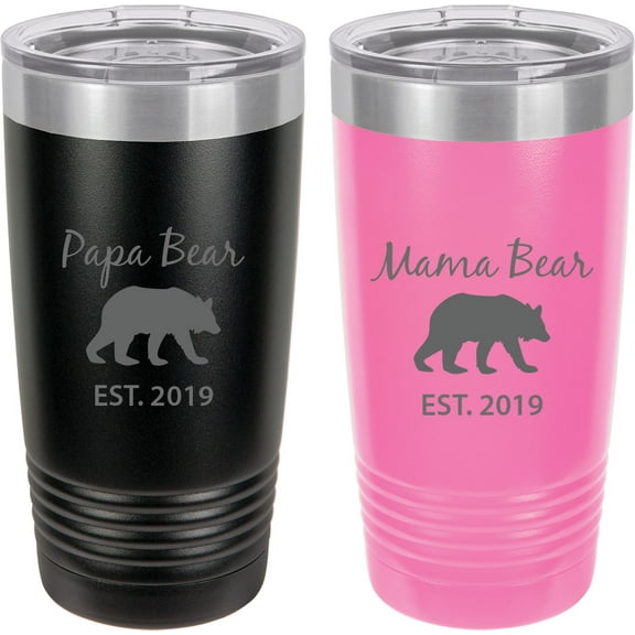 Papa Bear Est. 2019 - Mama Bear Est. 2019 Stainless Steel Engraved Insulated Tumbler 20 Oz Travel Coffee Mug, Black/Pink