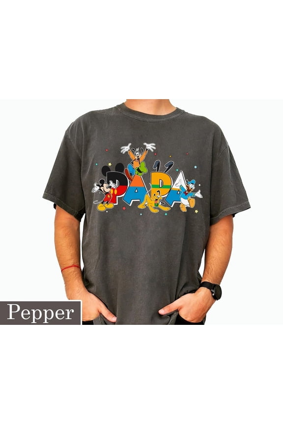 Papa Comfort Colors Shirt With Mickey And Friends Themed, Dad, Donald Goofy Pluto, Father's Day Gift, Disney Family Matching T-shirt,Pepper color,size XL