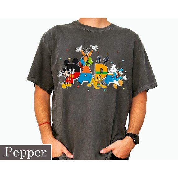 Papa Comfort Colors Shirt With Mickey And Friends Themed, Dad, Donald Goofy Pluto, Father's Day Gift, Disney Family Matching T-shirt,Chambray color,size L