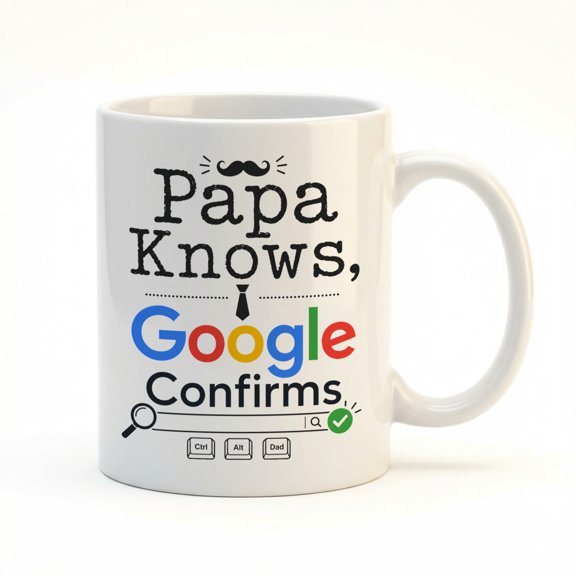 Papa Knows, Google Confirms - 11oz White Ceramic Coffee Mug, Funny Papa Gift