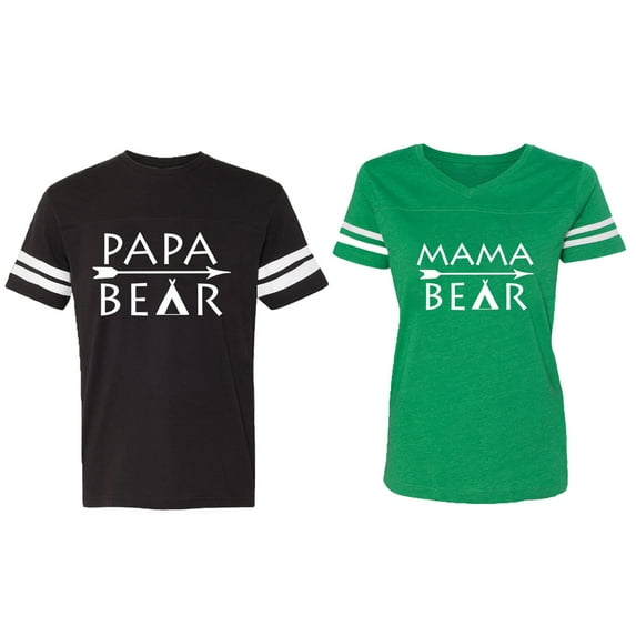 Papa Mama Bear Matching Couple Cotton Jerseys (Men Black / Women Green) (Men M / Women M)