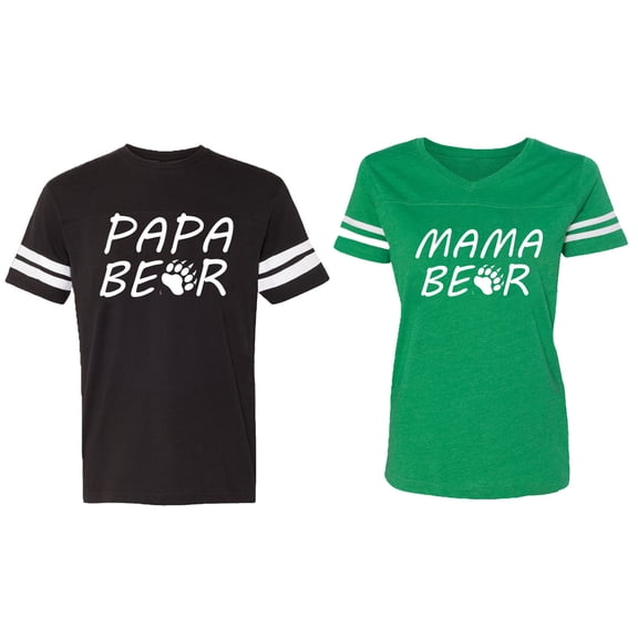 Papa Mama Bear Matching Couple Cotton Jerseys (Men Black / Women Green) (Men XXXL / Women XXL)