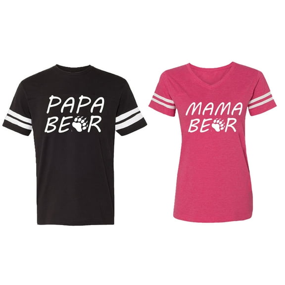 Papa Mama Bear Matching Couple Cotton Jerseys (Men Black / Women Pink) (Men XL / Women XL)