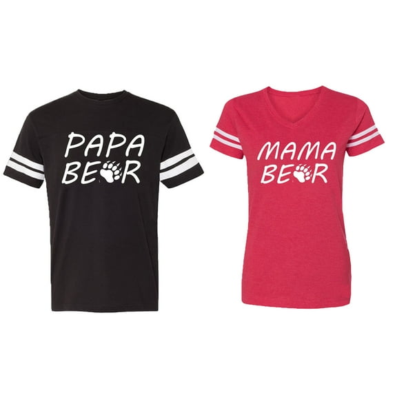 Papa Mama Bear Matching Couple Cotton Jerseys (Men Black / Women Red) (Men XXXL / Women XXL)