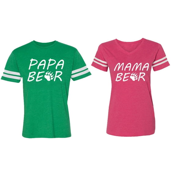 Papa Mama Bear Matching Couple Cotton Jerseys (Men Green / Women Pink) (Men L / Women M)