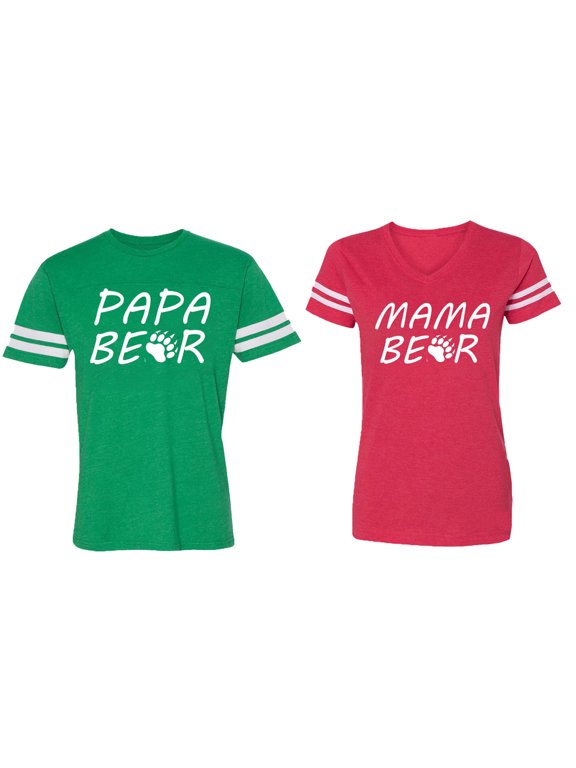 Papa Mama Bear Matching Couple Cotton Jerseys (Men Green / Women Red) (Men L / Women XXL)