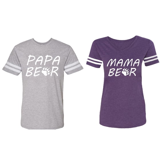 Papa Mama Bear Matching Couple Cotton Jerseys (Men Heather / Women Purple) (Men L / Women L)