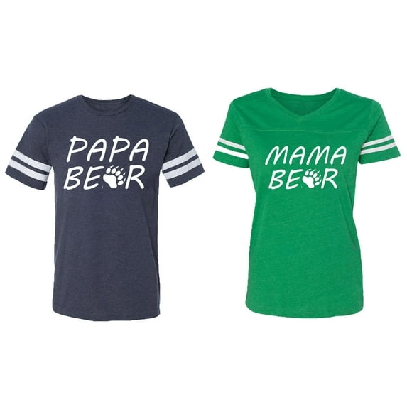 Papa Mama Bear Matching Couple Cotton Jerseys (Men Navy / Women Green) (Men M / Women XXL)