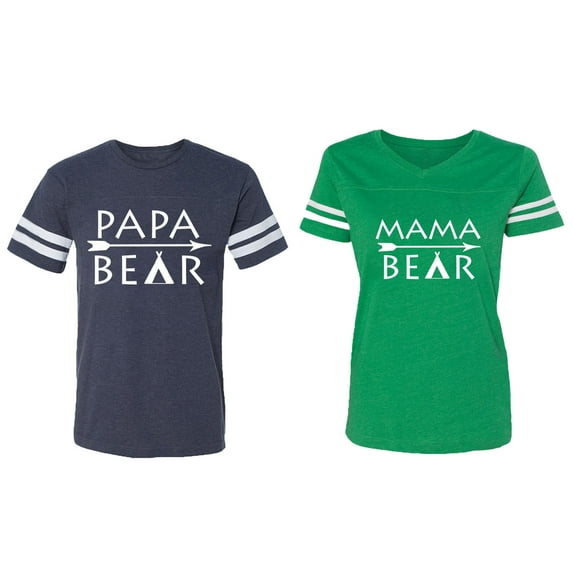Papa Mama Bear Matching Couple Cotton Jerseys (Men Navy / Women Green) (Men S / Women M)