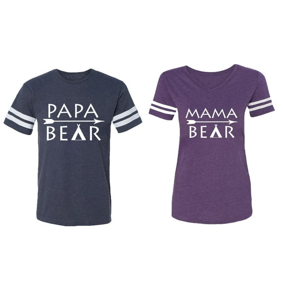 Papa Mama Bear Matching Couple Cotton Jerseys (Men Navy / Women Purple) (Men XXL / Women L)
