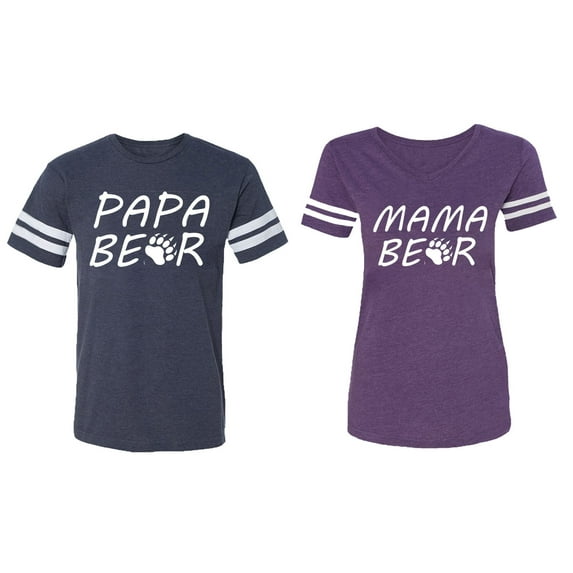 Papa Mama Bear Matching Couple Cotton Jerseys (Men Navy / Women Purple) (Men XXL / Women XXL)