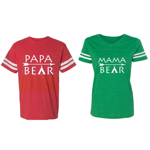 Papa Mama Bear Matching Couple Cotton Jerseys (Men Red / Women Green) (Men XXXL / Women XXL)