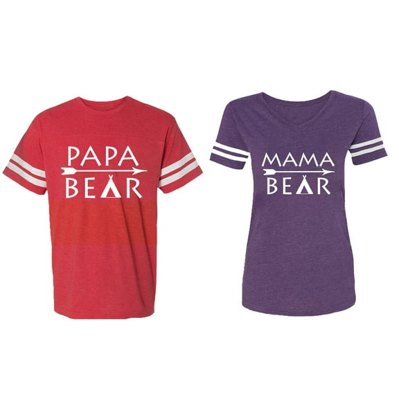Papa Mama Bear Matching Couple Cotton Jerseys (Men Red / Women Purple) (Men M / Women S)