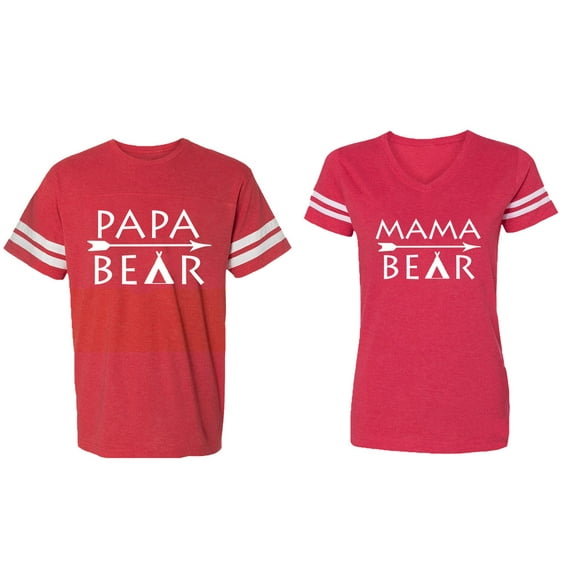 Papa Mama Bear Matching Couple Cotton Jerseys (Men Red / Women Red) (Men XL / Women M)
